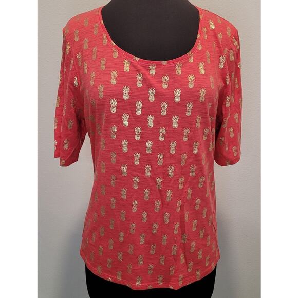 Chico’s Pink Pineapple Malibu Tee Size 2 L Gold Metallic Print Resort Wear EUC - Picture 2 of 8